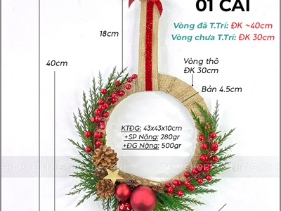 Vòng nguyệt quế chùm châu đỏ sao gỗ lá tùng thơm ĐK 40cm VNGQ-X-41